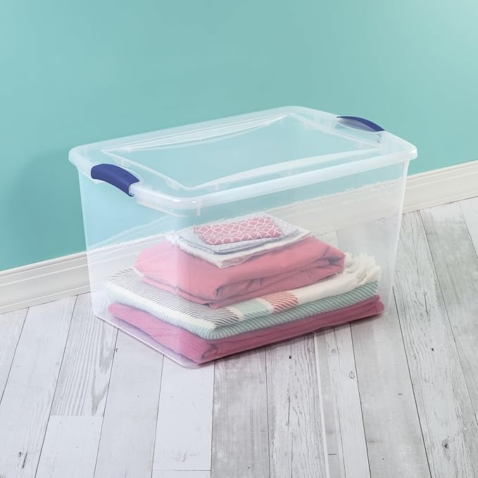 4-PACK, 66QT Transparent Plastic Storage Box with a Secure Locking Cover, Stackable, Suitable For Organizing Household Items, Garage and Office Use.