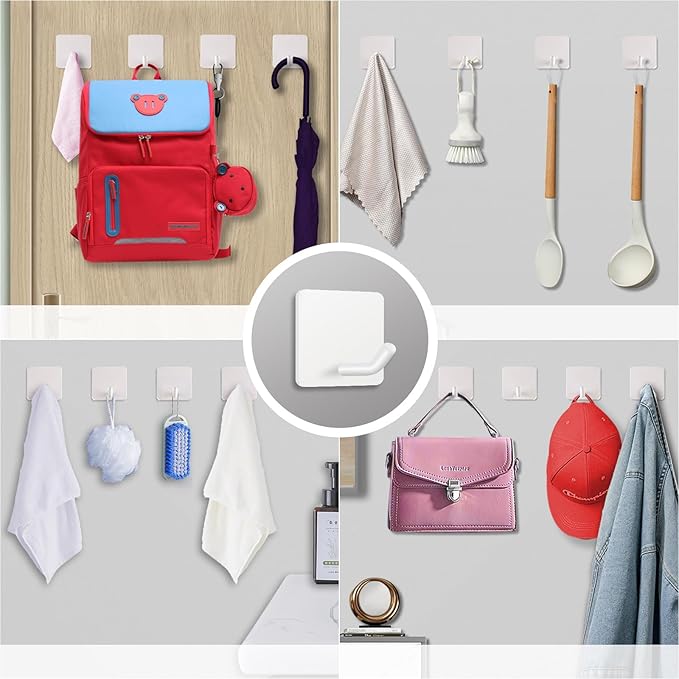 FOTYRIG Adhesive Towel Hooks Heavy Duty Stick on Towel Holder Wall Hangers Waterproof Stainless Steel Sticky Hooks for Hanging White Bathroom Kitchen Home-4 Packs