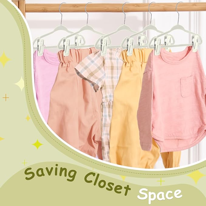 Soaoo 50 Pack Premium Baby Velvet Hangers with Adjustable 100 Clips, Non Slip 11 Inch Slim Kids Closet Organizer for Pants, Dresses & Matching Outfits, Nursery & Toddler Wardrobe (Beige)
