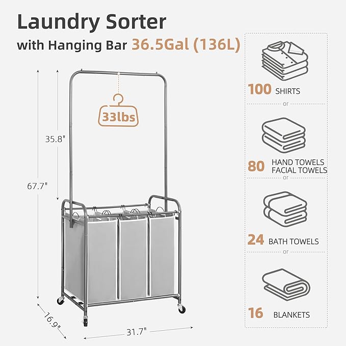 STORAGE MANIAC 136L Laundry Sorter with Hanging Bar, Portable, Removable Laundry Hamper Cart with Heavy Duty Rolling Lockable Wheels and Removable Bags, Rolling Laundry Basket Organizer, 3 Section