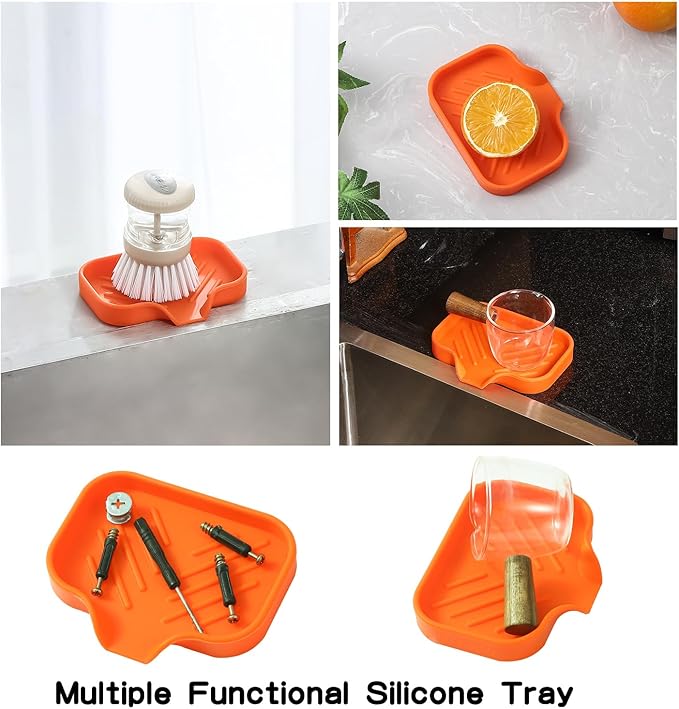 MicoYang Silicone Bathroom Soap Dishes with Drain Spout-Bathroom and Kitchen Sink Organizer,Sponge Holder,Dish Soap Tray,Perfect for Dispenser,Scrubber,Bottle,Cup on Sink or Counter-Orange 4.9"×3.2"