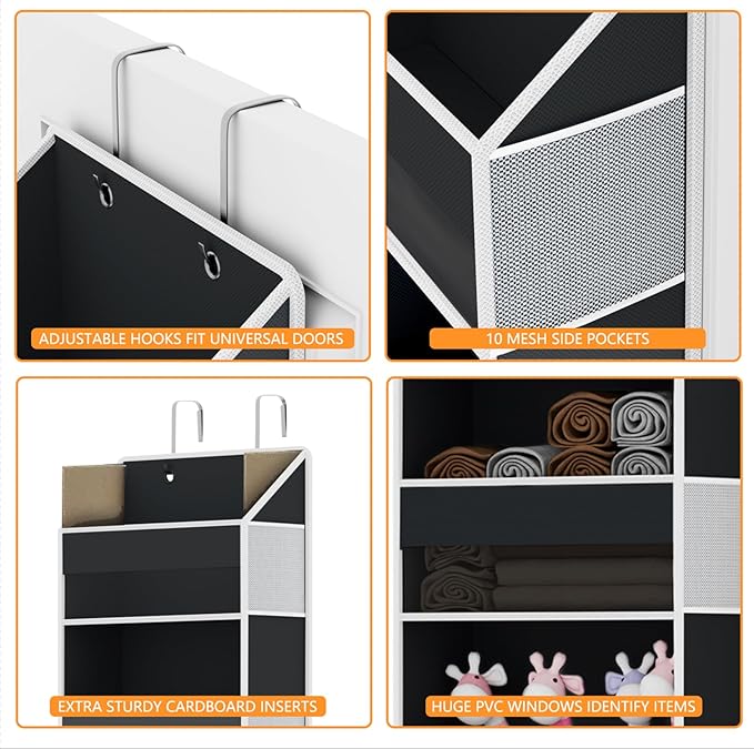 Over Door Organizer - Over The Door Storage Organizer with 5 Large Pockets & 10 Mesh Side Compartments - Heavy-Duty Hanging Storage for Bathroom, Bedroom & Nursery - Room Organizer Solution - Black