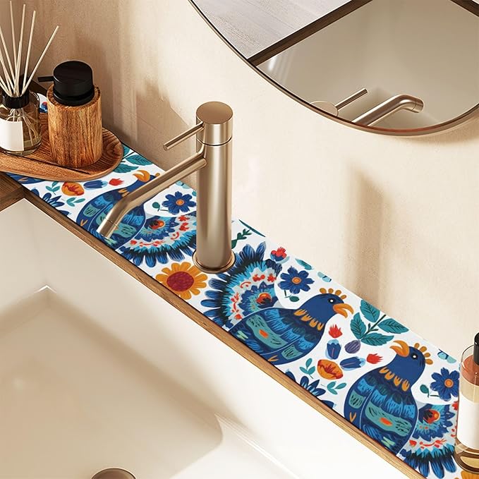Mexico Eagles Flowers Blue Kitchen Sink Splash Guard Sink Faucet Mat Faucet Handle Drip Catcher Drain Mats for Kitchen Bathroom Countertop Absorbent Dish Drying Pad 2Pack 30x5.4IN