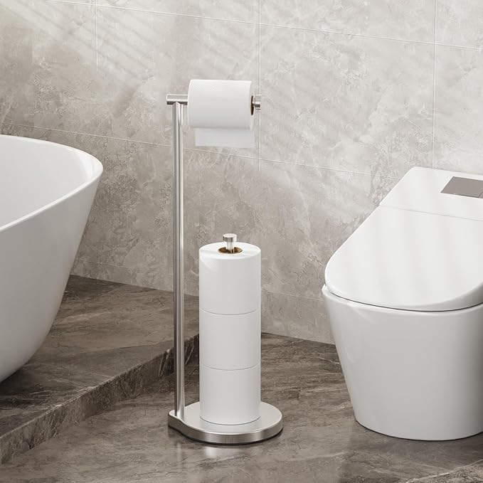 theaoo Heavy-Duty Toilet Paper Holder Stand – Modern Freestanding Bathroom Toilet Tissue Paper Roll Holder with Reserve & Storage, Stainless Steel (Silver, Free Standing)