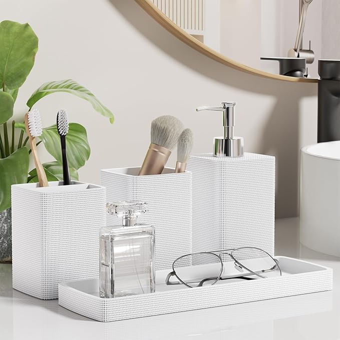 Resin White Bathroom Set, White Bathroom Accessories Set with Shower Curtain, Bath Towel Set, Natural Loofah Sponge, Soap Dispenser, Toothbrush Holder, Bathroom Tumbler and Tray for Bathroom
