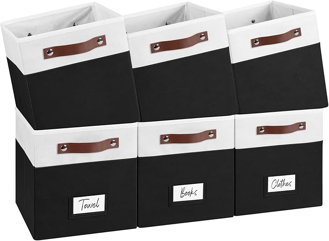 6-Pack Storage Cubes with Handles & Label Holders Basket, Closet Cube Home Organizer Bins(White/Black, 10.5 x 10.5 x 11 inch)