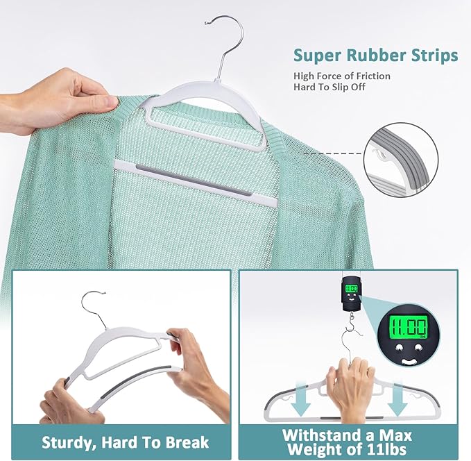 Tonswachic 50-Pack Coat Hangers, Space Saving Plastic Clothes Hangers, Non-Slip, 0.2 Inches Slim, 16.53 Inches Wide, 360° Swivel Silver Hook for Shirts, Pants & Wet/Dry Garments, White and Dark Gray