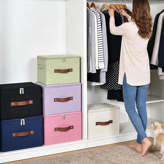 Storage Bins with Zipper Lid Foldable Fabric Lidded Storage Boxes Baskets Cubes Washable Collapsible PU Leather Handle Cotton Linen Shelves Closet Organizer Container(Pink, Large Size)