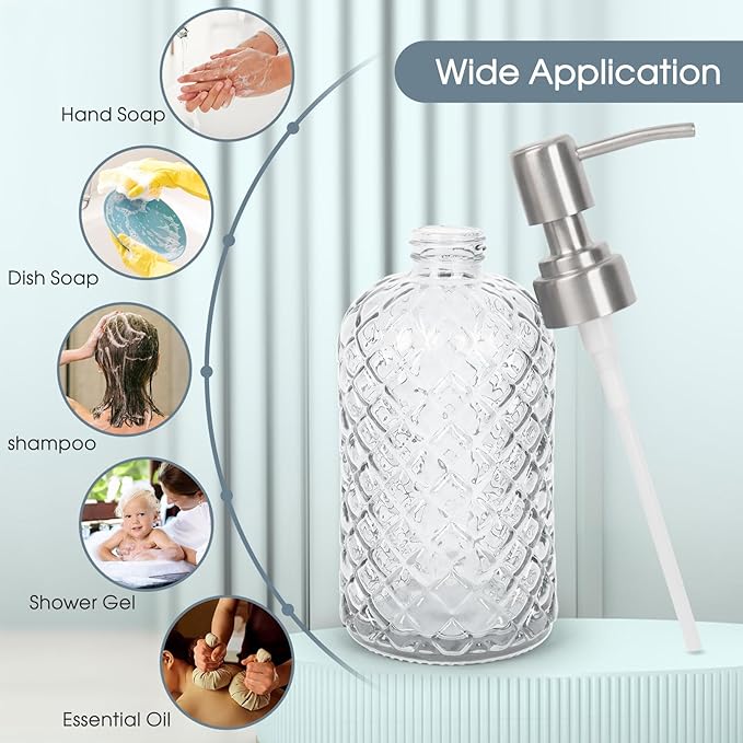 2 Pack Gem-Patterned Glass Soap Dispenser with Rust Proof Stainless Steel Pump-13 oz Liquid Hand Soap Dispenser for Kitchen & Bathroom,Great for Lotions, Essential Oil, Liquid Soaps-Clear