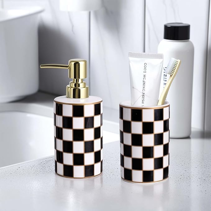 Bathroom Toothbrush Holder Set, Ceramic Checkered Soap Dispenser and Tooth Brush Holder Set, Modern Bathroom Accessories Sets Countertop, Black and White Checkered Bathroom Decor Set (Black)