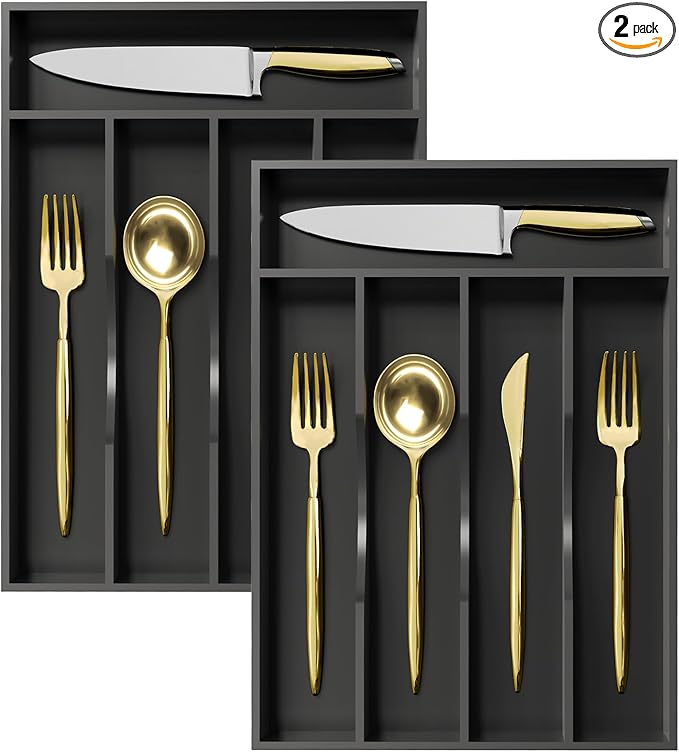 Greenual 2 Pack Black Silverware Organizer 10 In Utensil Organizer Silverware Tray for Drawer Cutlery Flatware Organizer for Kitchen Bamboo Wood