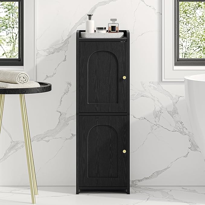 Bathroom Storage Cabinet, Small Corner Floor Cabinet with 2 Doors and Adjustable Shelf, Narrow Toilet Paper Cabinets, Bathroom Organizer for Small Spaces, 7.9" D x 9.8" W x 29.5" H Black