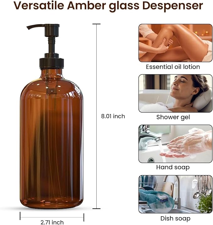 16 OZ Amber Glass Soap Dispenser with Pump, Hand and Dish Soap Dispenser Set for Bathroom with 12 Waterproof Labels, Pack 4