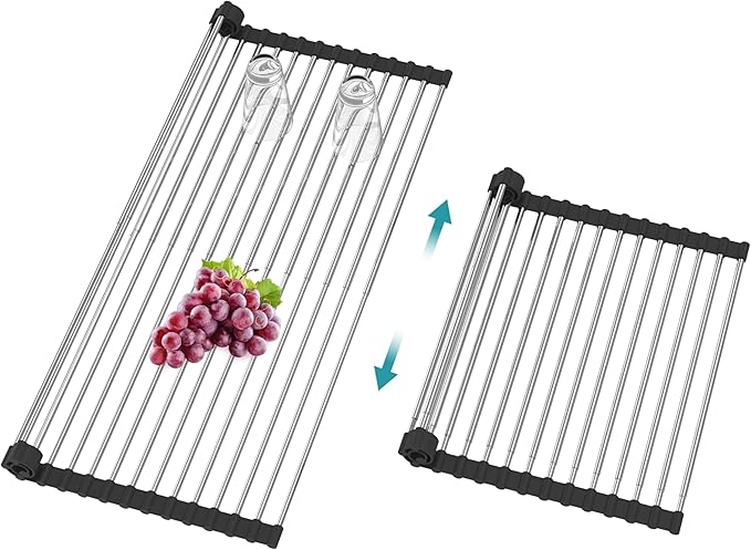 Extra Large Expandable Roll Up Dish Drying Rack,Over The Sink Drying Rack Sink Cover Kitchen Sink Accessories Kitchen Rolling up Stainless Steel Drainer, Foldable,Rollable（Black，25.1''-12.4''）