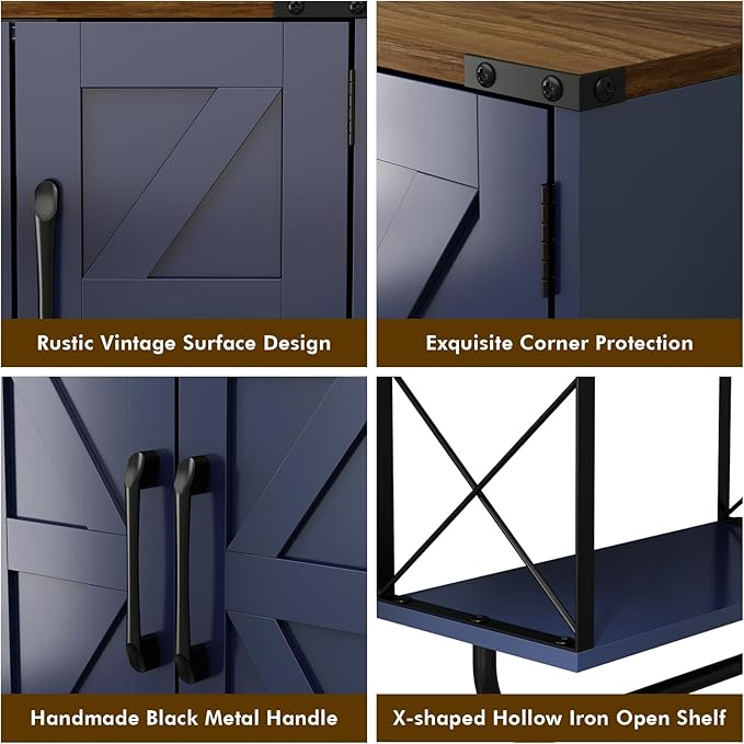 RUSTOWN Farmhouse Medicine Cabinet with 2 Barn Door, Boho Wood Wall Mounted Storage Cabinet with Adjustable Shelf and Towel Bar, 3-Tier Bathroom Cabinet for Bathroom (Navy Blue and Walnut)
