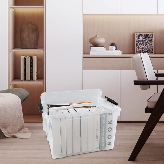 Drephia 4 Pack 50 L Large Clear Latch Storage Bin with Lid and Wheels, Plastic Storage Container Box