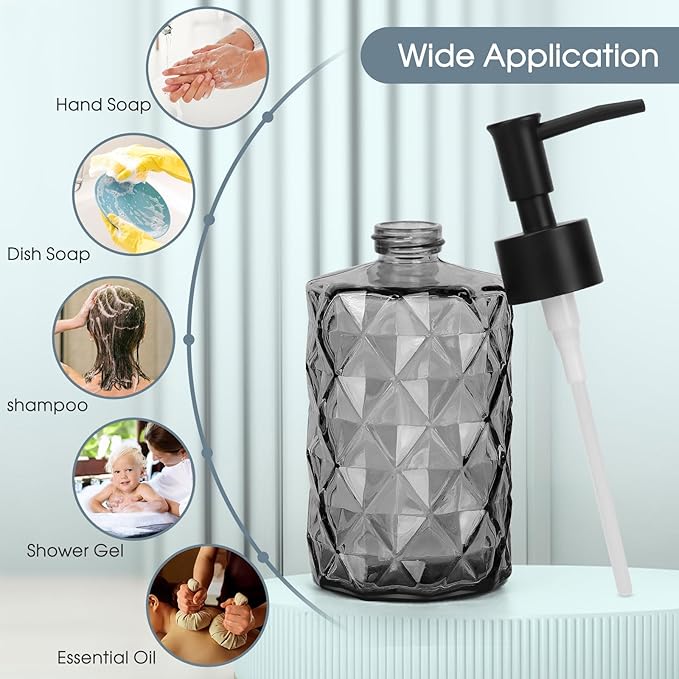 Topsky 2 Pack Glass Soap Dispenser with Black Plastic Pump, 330ml Liquid Hand Soap Dispenser, Rustproof Pump for Kitchen & Bathroom, Great for Lotions, Essential Oil, Liquid Soaps-Gray