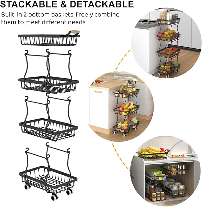 4 Tier Slim Fruit Basket for Kitchen, Stackable Metal Wire Fruit Vegetable Storage Baskets Organizer Stand on Wheels, Produce Basket Potato Onion Storage Bins Rack for Pantry. (Black)