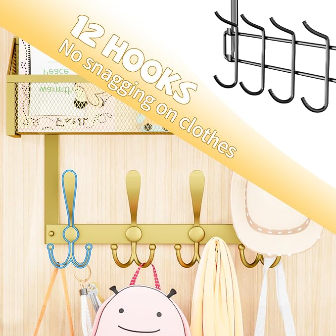 Kaiferty Over The Door Hooks Organizer, Coat Rack Over The Door Storage Hanger Towel Rack, Back of Door Storage Organizer for Bathroom,Bedroom,Kitchen,Office (Gold, 3-Tier)