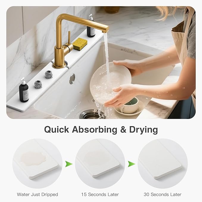 30" x 4" Stone Faucet Mat for Kitchen Sink, Quick Drying Diatomite Sink Tray, Faucet Sink Splash Guard for Prevents Moisture Buildup (White)