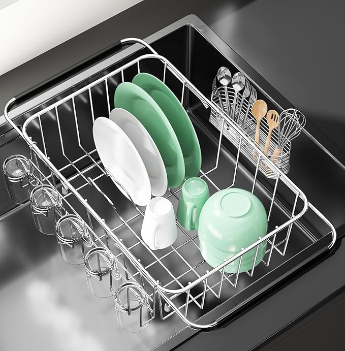 Small Dish Drying Rack in Sink, Extendable Stainless Steel Dish Drainers for Kitchen Counter, Anti-Rust Dish Dryer Rack with Utensil & Cup Holders, for Inside Sink, Over The Sink(for 1-2 People)