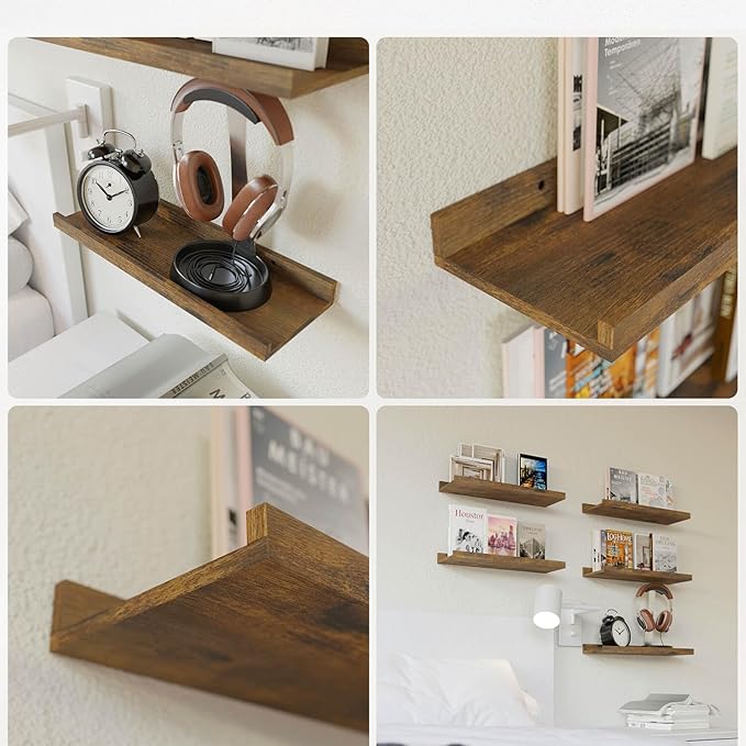 RICHER HOUSE 3 Set Floating Shelves for Wall Decor, 16 inches Wall Mounted Book Shelf, Nursery Shelves Picture Ledge Shelf with Lip for Storage, Bedroom, Living Room, Bathroom - Brown