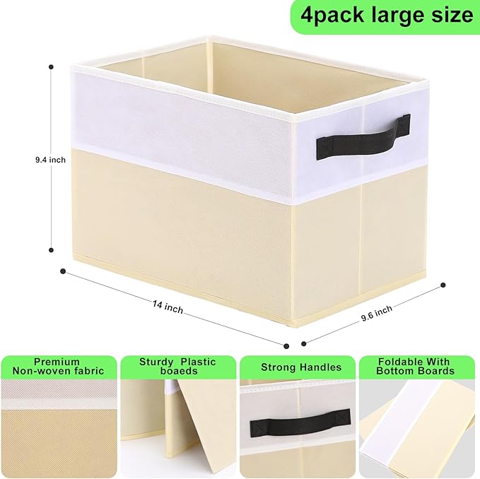Large Shelf Storage Bins [4 Pack],Decorative Collapsible Storage Basket,Fabric Closet Organizer and Home Storage Cubes with Handles for Organizing Books, Clothes, Toys, Nursery（Beige）