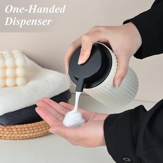 BosilunLife Foaming Soap Dispenser Set - Beige Ceramic Foam Hand Soap Dispenser 12oz with Rust Proof Pump, Easy Pressing, Refillable for Kitchen & Bathroom - 2 Pack