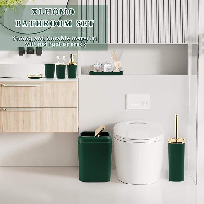 Bathroom Accessories Set, Green Bathroom Set, Dark Green Bathroom Accessory Set with Trash Can, Soap Dispenser, Soap Dish, Toothbrush Holder and Q-tip Holders