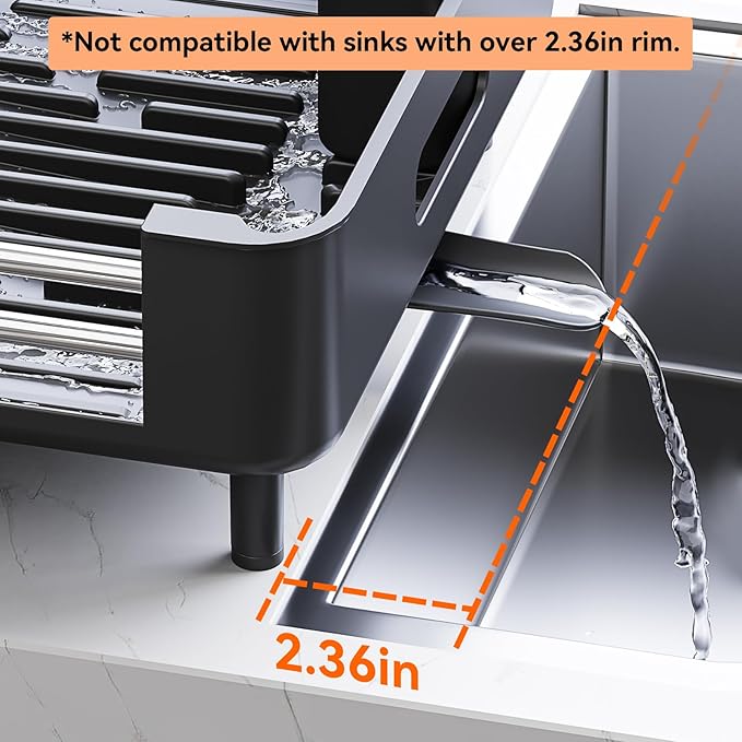 Stainless Steel Dish Drying Rack - Dish Drainer for Kitchen Counter, Extendable Drainboard with Foldable, Space-Saving Cup & Bowl Organizer, Includes Knife and Utensil Holder, Black