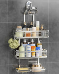 OMAIRA Shower Caddy Hanging with Soap Scrub Holder, Stainless Steel Adjustable No Drilling Non-Slip Large Capacity Sturdy Over Shower Head Shower Organizer Inside Shelves Bathroom Storage Rack, Silver