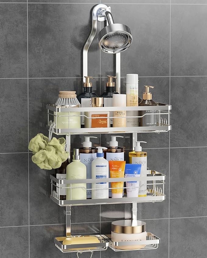 OMAIRA Shower Caddy Hanging with Soap Scrub Holder, Stainless Steel Adjustable No Drilling Non-Slip Large Capacity Sturdy Over Shower Head Shower Organizer Inside Shelves Bathroom Storage Rack, Silver