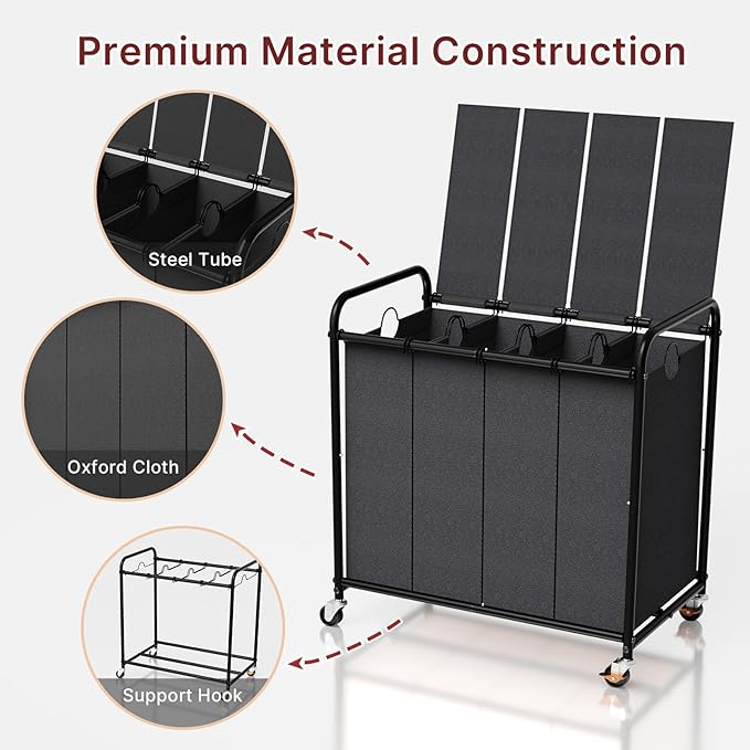 4-Compartment Laundry Cart with Lockable Wheels & Lid 180L Large Wheeled Laundry Basket Heavy-Duty Sorting Organizer for Laundry Room (Black)