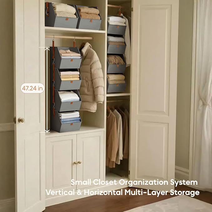 Hanging Closet Organizer 4 Tier - Clothes Hanging Shelves, Space-Saving Closet System, Fabric Storage Bins Bedroom Organization, Collapsible Baskets for Home, Dorm, Rv, Grey