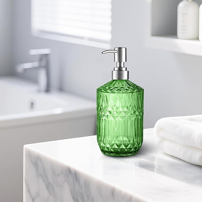 Kaishun 13 Oz Refillable Soap Dispenser, Glass Soap Dispenser for Dispense Hand Soap, Dish Soap, Lotion (Green)