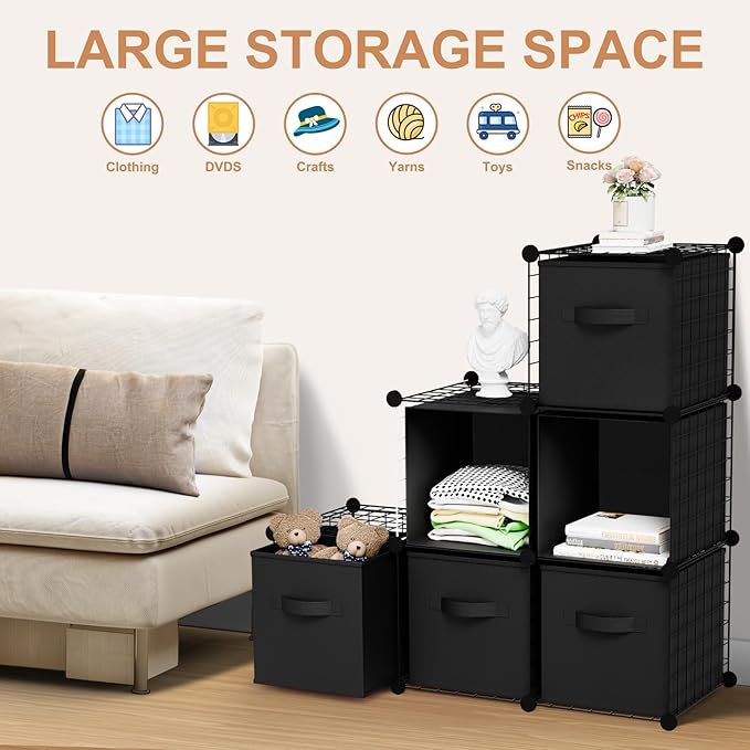 Leinuosen 6 Cube Storage Organizer with Fabric Bins, Wire Grid Stackable Shelves, Drawer Closet Organizer, Modular Storage Units for Bedroom Living Room Office Clothes Toys Crafts(Black,Black)