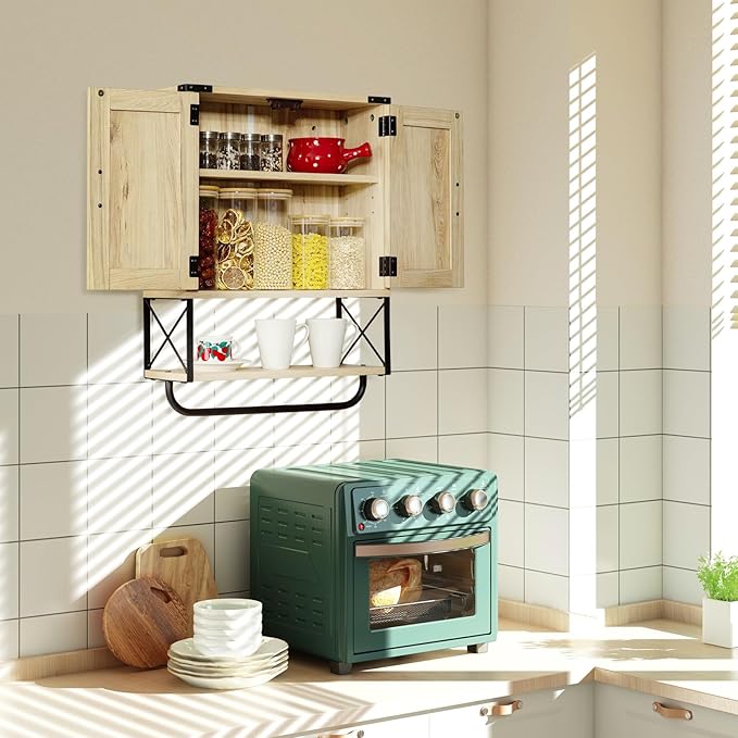 RUSTOWN Farmhouse Medicine Cabinet with 2 Barn Door, Boho Wood Wall Mounted Storage Cabinet with Adjustable Shelf and Towel Bar, 3-Tier Bathroom Cabinet for Bathroom(Rattan,Medium)