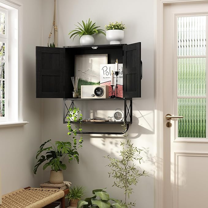RUSTOWN Farmhouse Medicine Cabinet with 2 Barn Door, Wood Wall Mounted Storage Cabinet with Adjustable Shelf and Towel Bar, 3-Tier Bathroom Cabinet for Bathroom, Living Room(Black, Medium)