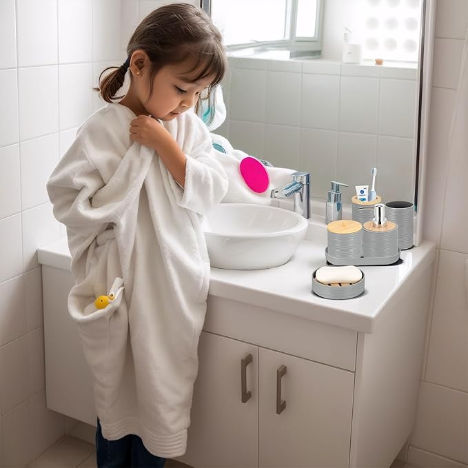 IMAVO Bathroom Accessory Set-11Pcs Grey Bathroom Accessories Set with Trash Can,Soap Dispenser,Soap Dish,Toothbrush Holder,Toothbrush Cup,Toilet Brush Holder,Qtip Holder Dispenser with Labels