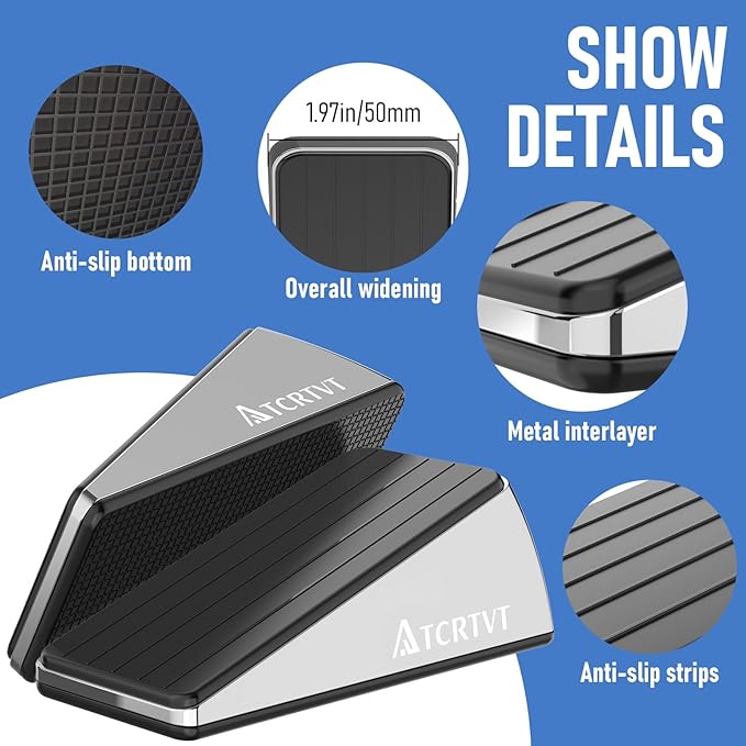 Heavy Duty Door Stopper Wedge - 1 Pack Widened Door Stop Wedge Made of Premium Quality Brushed Stainless Steel Suits Any Door, Any Floor with Set of 2 Plus Self-Adhesive Holder