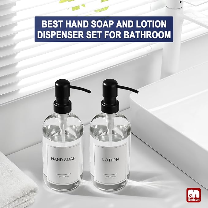 GMISUN Glass Soap Dispenser with Pump, 2 Pack Clear Bathroom Hand Soap Dispenser with Stainless Steel Pump, 16 Oz Refillable Kitchen Hand and Dish Soap Dispensers Set, Modern Liquid Pump Bottles