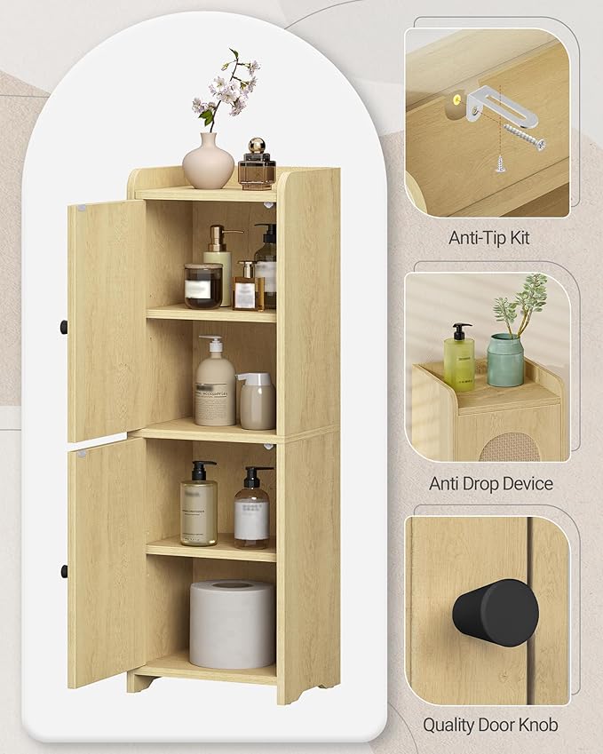 Bathroom Storage Cabinet, Small Corner Floor Cabinet with 2 Doors and Adjustable Shelf, Narrow Toilet Paper Cabinets, Bathroom Organizer for Small Spaces, 7.9" D x 9.8" W x 29.5"Rattan Yellow