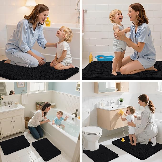 Arotive Bathroom Rugs 24x16, Extra Soft Absorbent Shaggy Chenille Bath Rugs, Machine Washable Rubber Backing Non-Slip Bath Mats for Bathroom Floor Tub and Shower, Home Decor Accessories, Black