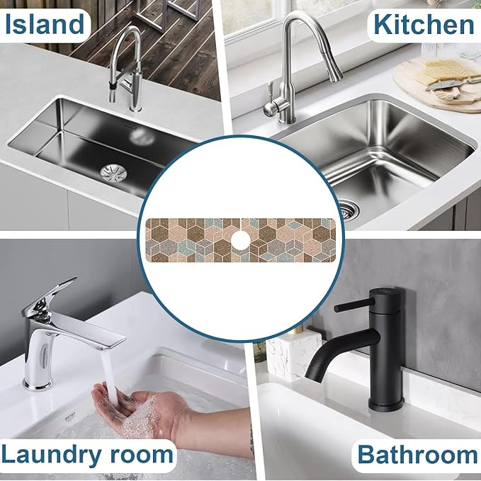 Geometry Blocks Sink Faucet Absorbing Mat Glitter Geometry Super Absorbent Fast Drying Mat Sink Gadgets Behind Faucet Sinkmat for Kitchen Bathroom, 23.5"x5.5"