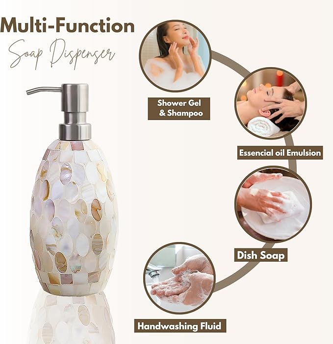 Escenzy Natural Shell Bathroom Accessories Sets 3 Pcs | Luxurious Glass Soap Dispenser, Toothbrush Holder, Cotton Jar | Modern Decor Bling Mosaic Glass Decorative Bathroom Accessories
