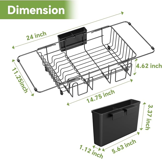 Simple Trending Expandable Dish Drying Rack in Sink, Adjustable Dish Drainers for Kitchen Counter, Inside Sink, Over The Sink with Utensil Holder, Black