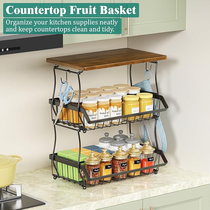 3 Tier Countertop Fruit Basket Bread Bowl with Wooden Top for Kitchen, Stackable Vegetable Potato Onion Storage Wire Basket with Banana Hangers, Black