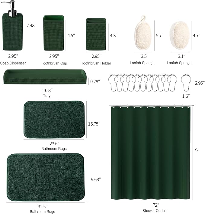 Green Bathroom Set, Dark Green Bathroom Accessories Set with Shower Curtain and No-Slip Bath Rugs, Natural Loofah Sponge, Soap Dispenser, Toothbrush Holder, Bathroom Tumbler and Tray for Bathroom
