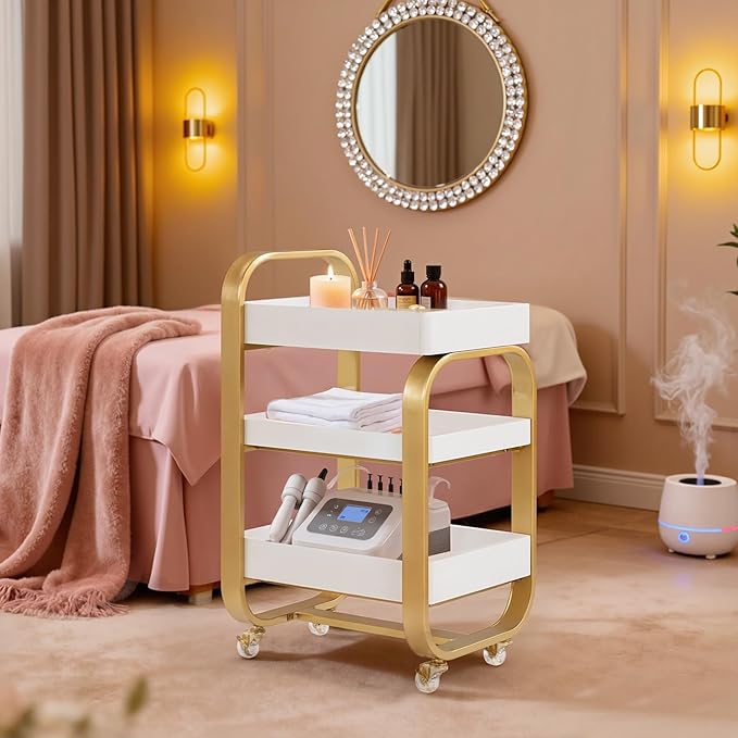 BarberPub Salon Storage Trolley with Shelves, Beauty SPA Rolling Cart with Lockable Wheels, 3-Tier Stylist Tool Organizer, Barber Mobile Station Equipment 2085 (Gold&White)