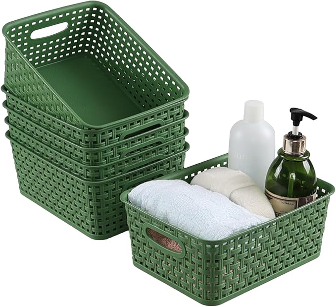 Plastic Woven Storage Baskets, Plastic Storage Baskets for Organizing, Deep Green, 6 Packs